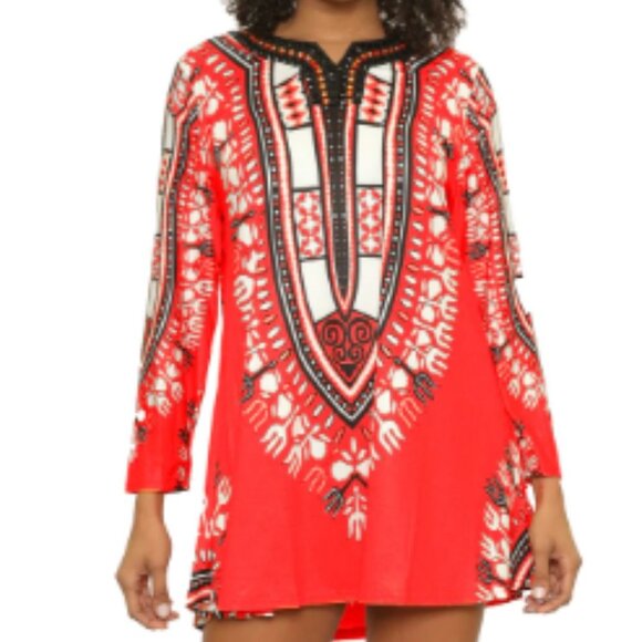 DASHIKI PRINT SHORT DRESS WITH BEAD WORK - Picture 1 of 7